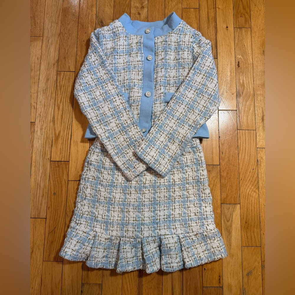 Badgley Mischka Textured Blue and Cream Skirt and blazer set #604